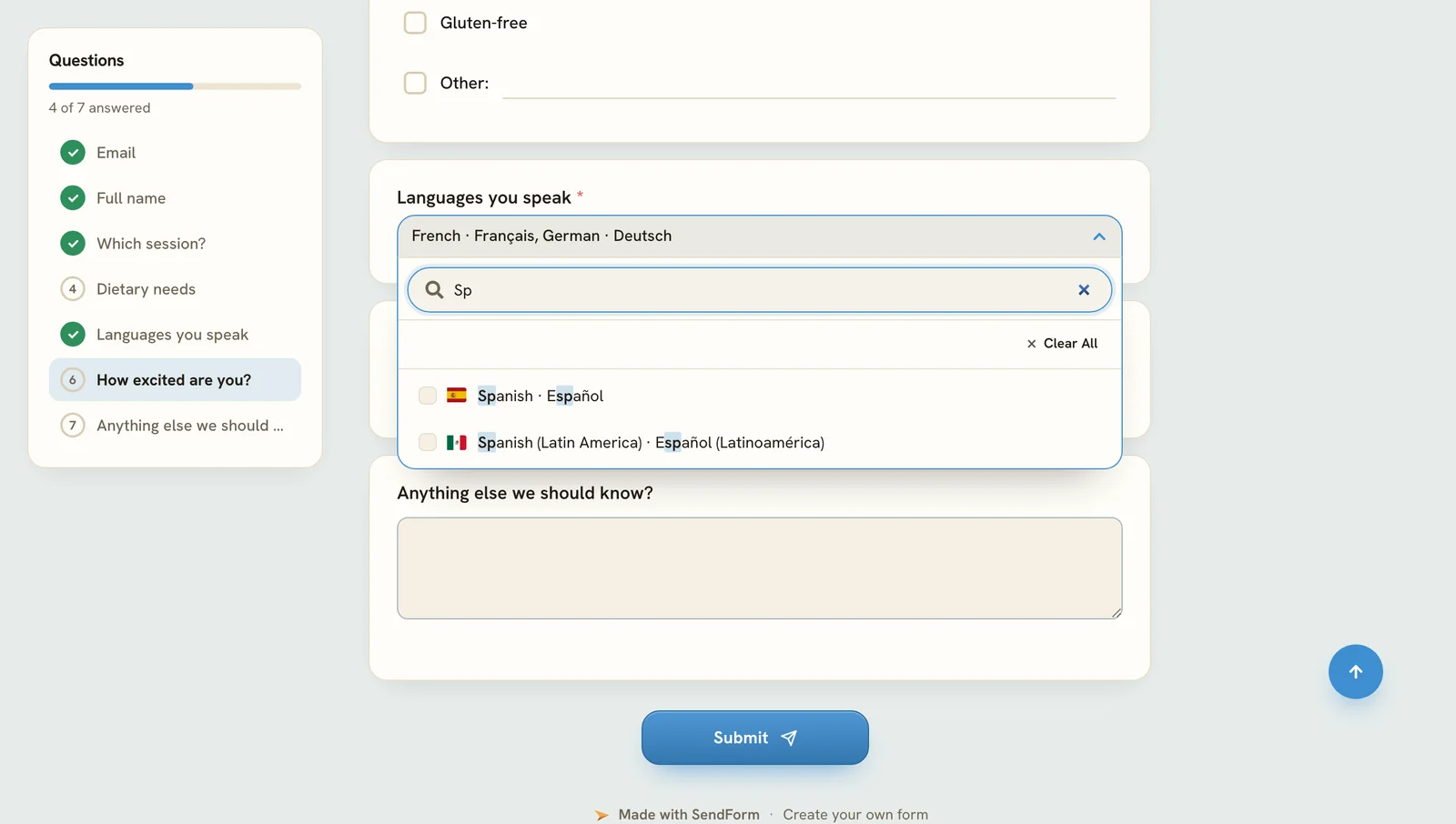 A language question with flags and a search box