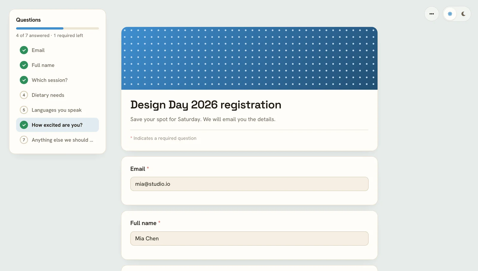 A published form with the list of questions beside it, answered ones ticked off