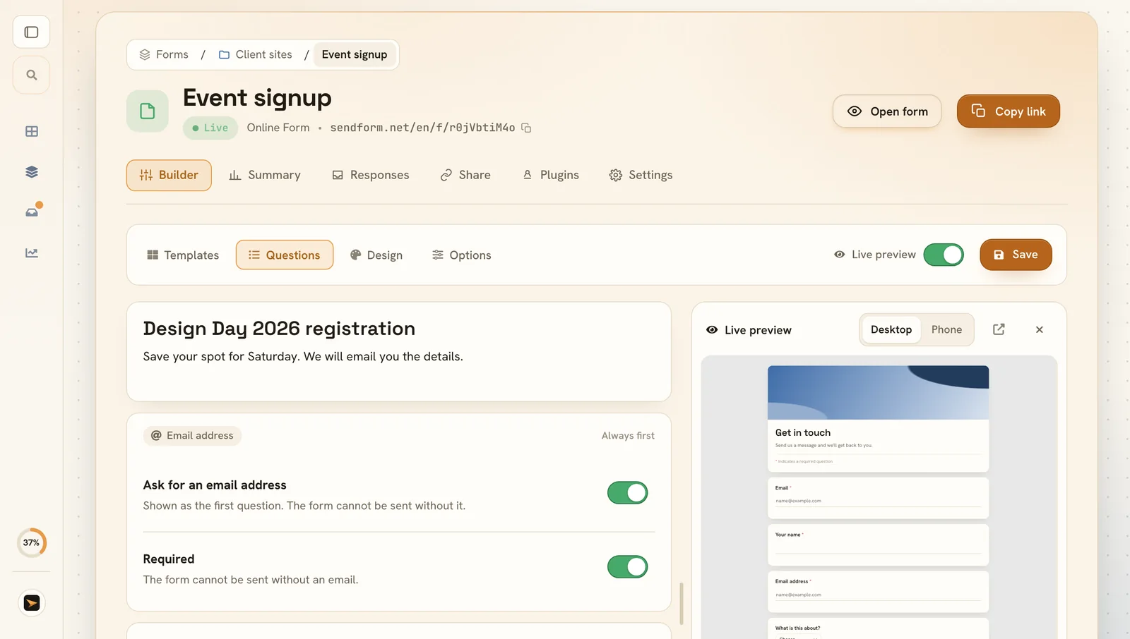 The form builder with questions and a live preview
