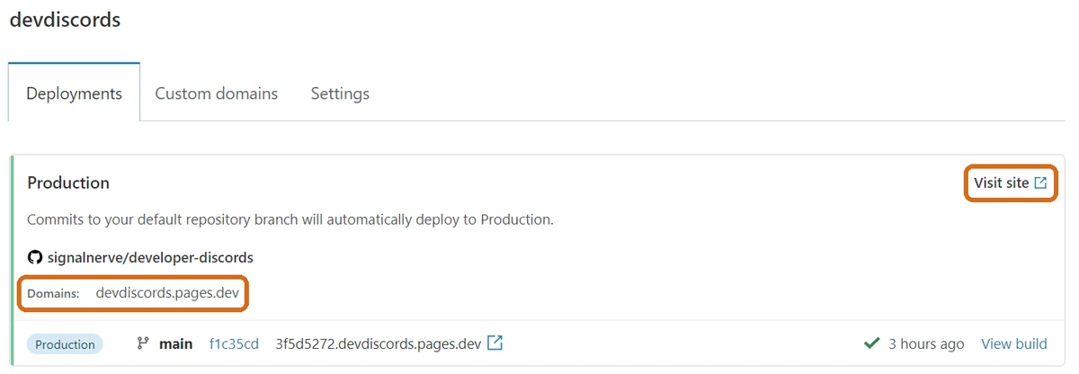 A Cloudflare Pages project with its pages.dev address and the Visit site link highlighted