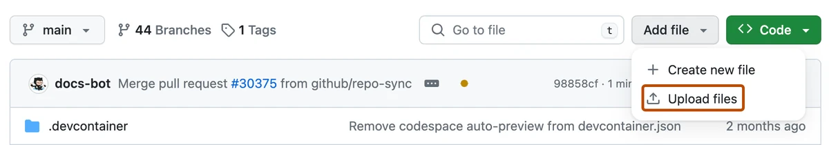 The Add file menu on GitHub with Upload files highlighted
