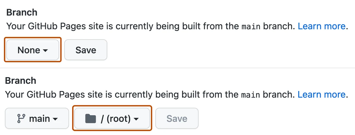 The GitHub Pages settings with the branch and root folder selectors highlighted
