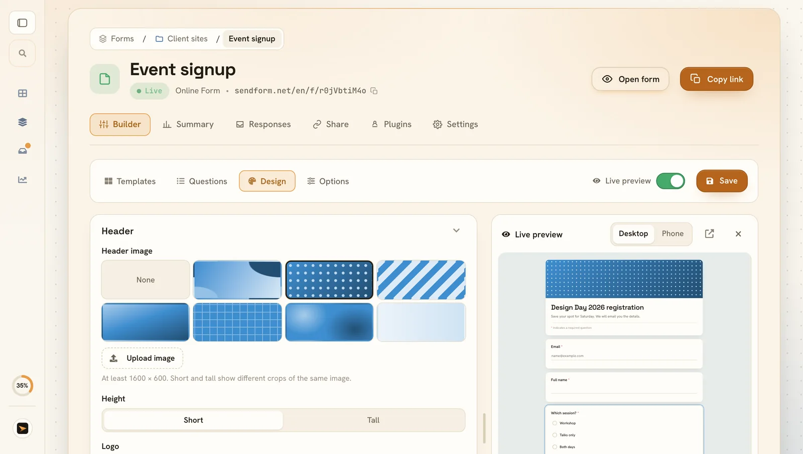 The design options of the form builder with colors and header
