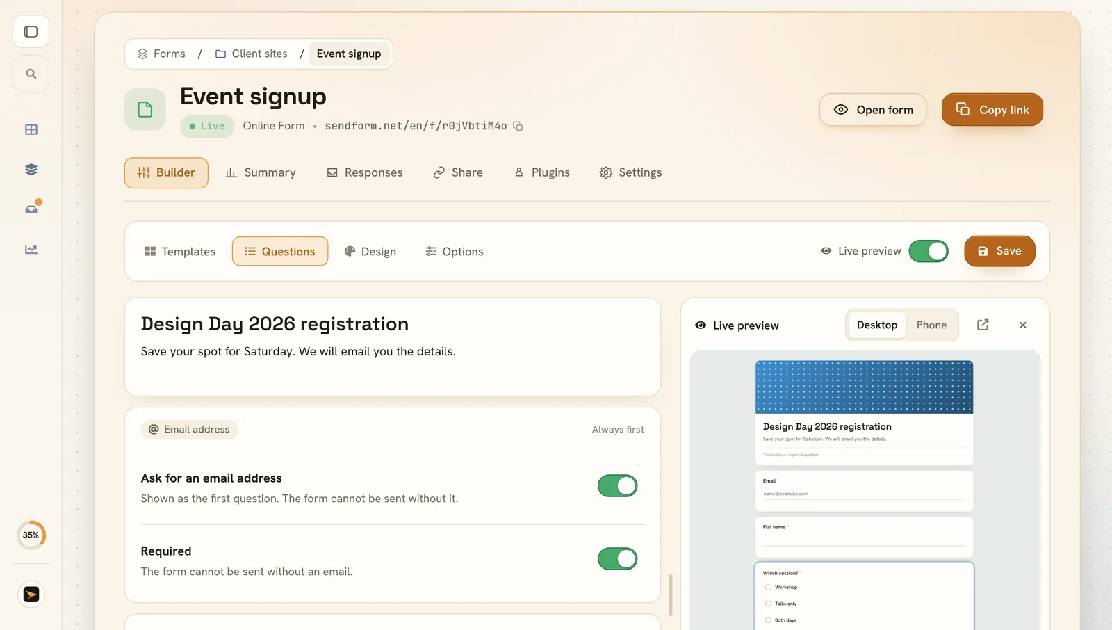 The form builder with questions on the left and a live preview on the right