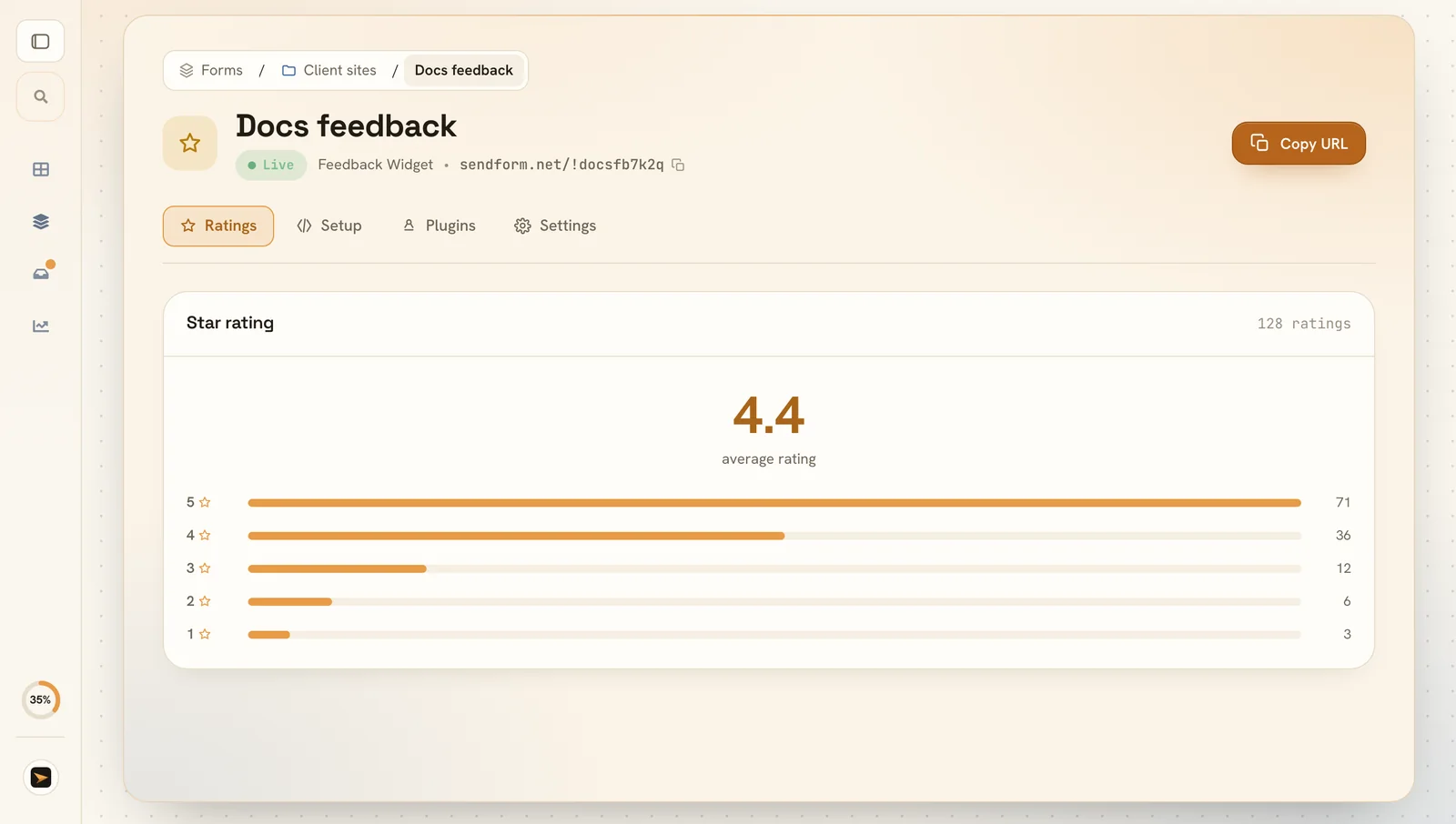 Ratings of a feedback widget with the average and the spread of stars