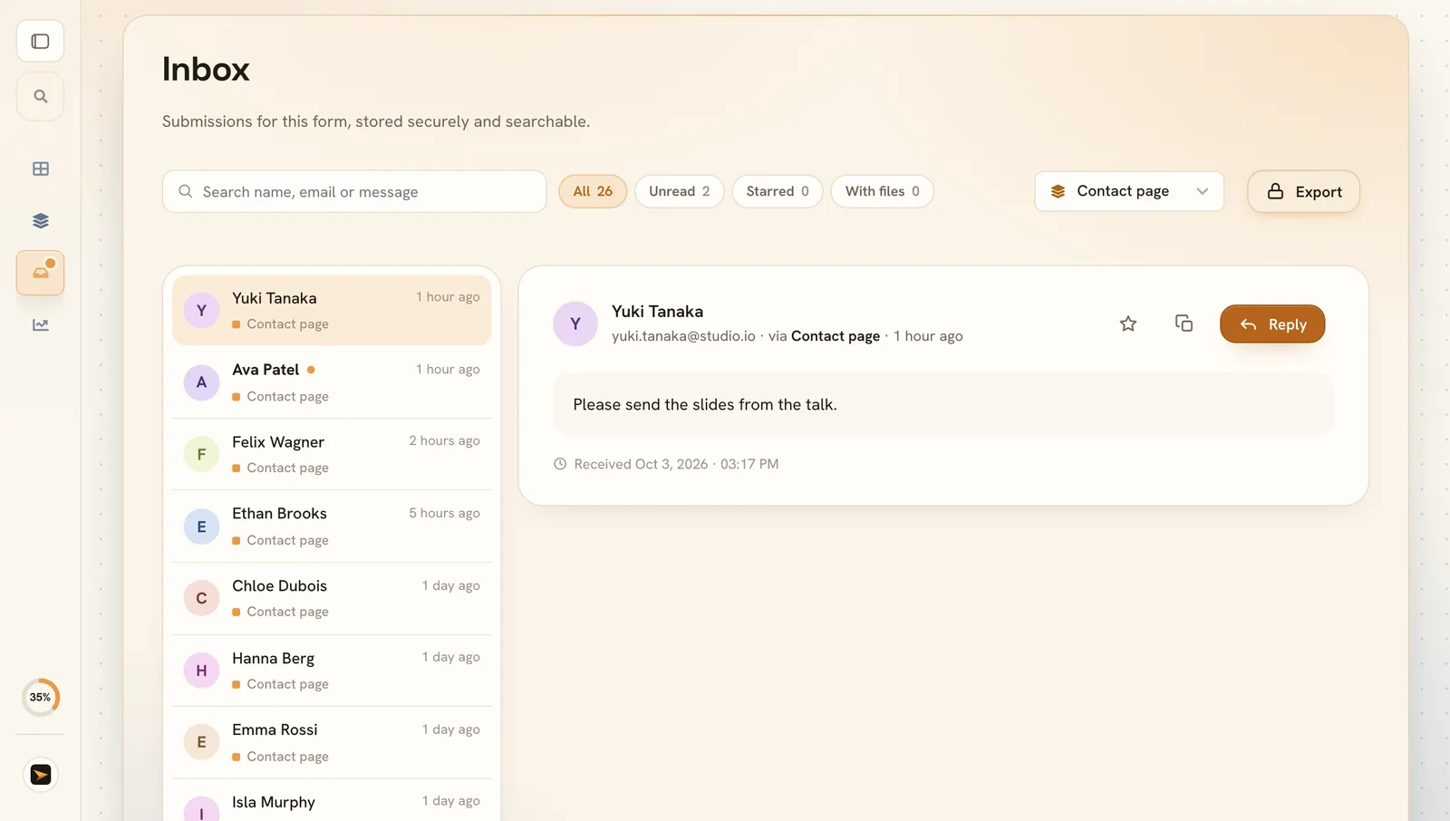 The inbox with a list of submissions and the selected message