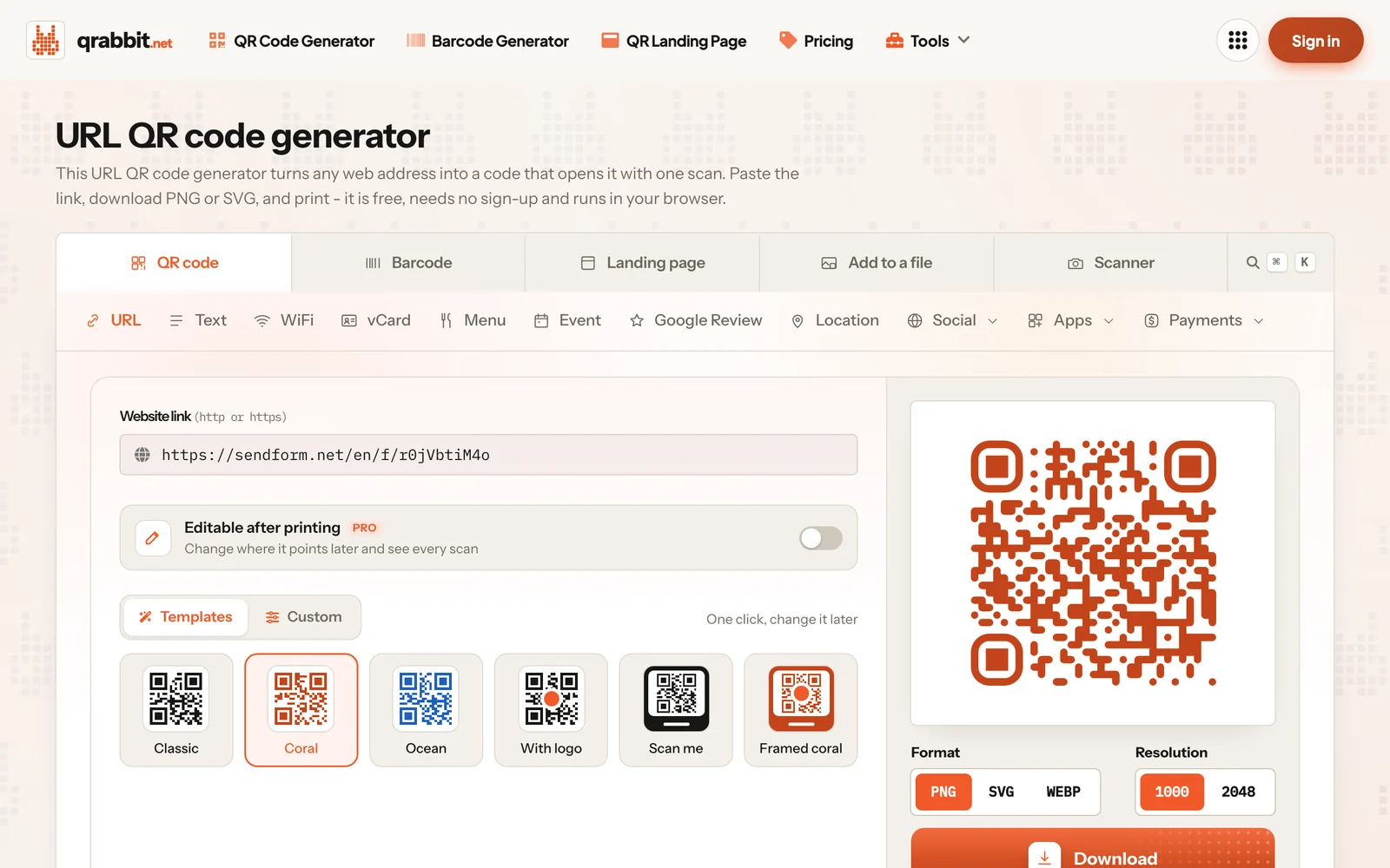 QRabbit with a QR code for a SendForm online form
