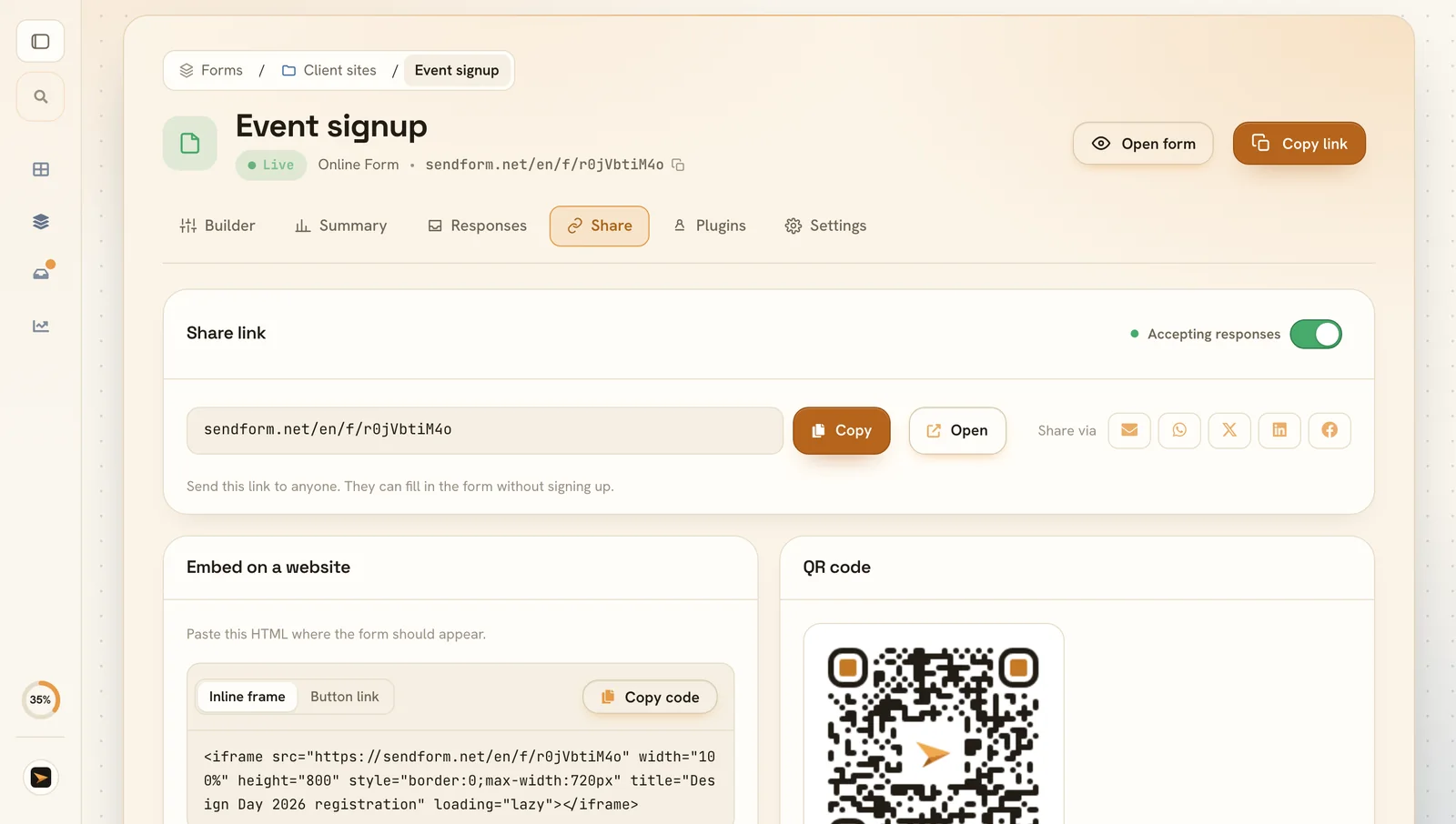 The share tab with link, embed code and QR code