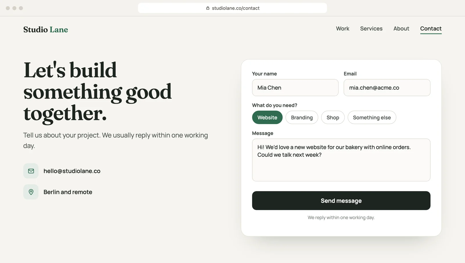 A website contact form that sends its messages to SendForm
