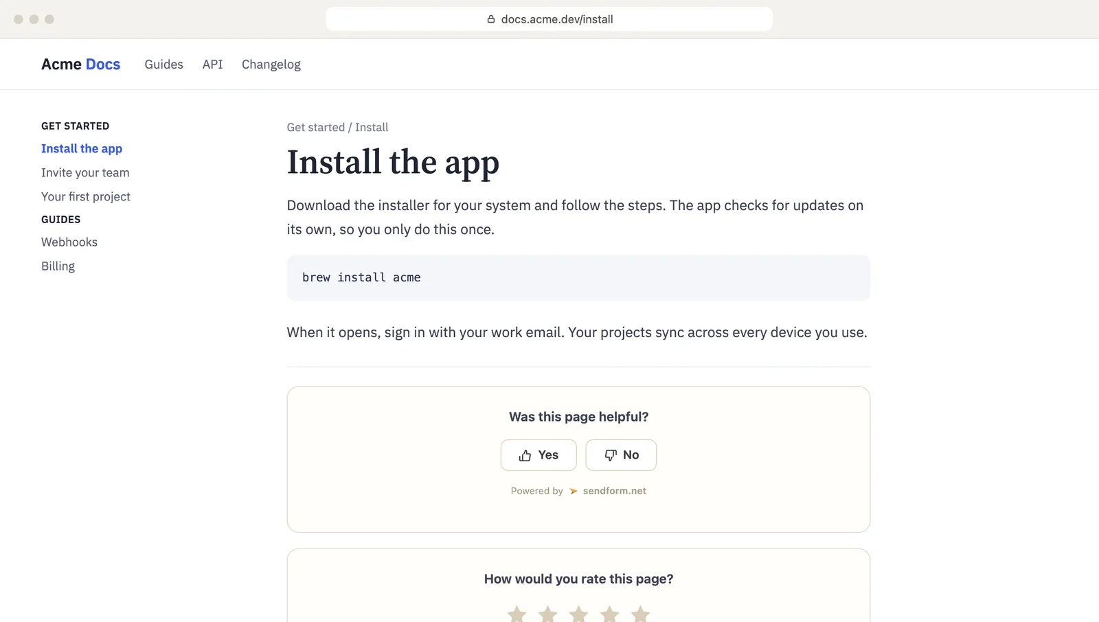 A docs page with the yes or no and star rating widgets under the article